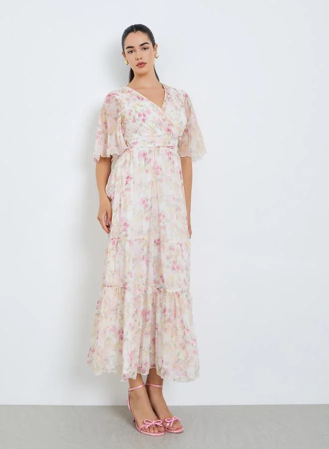 Styli Women Floral Printed Chiffon Tiered Maxi Dress